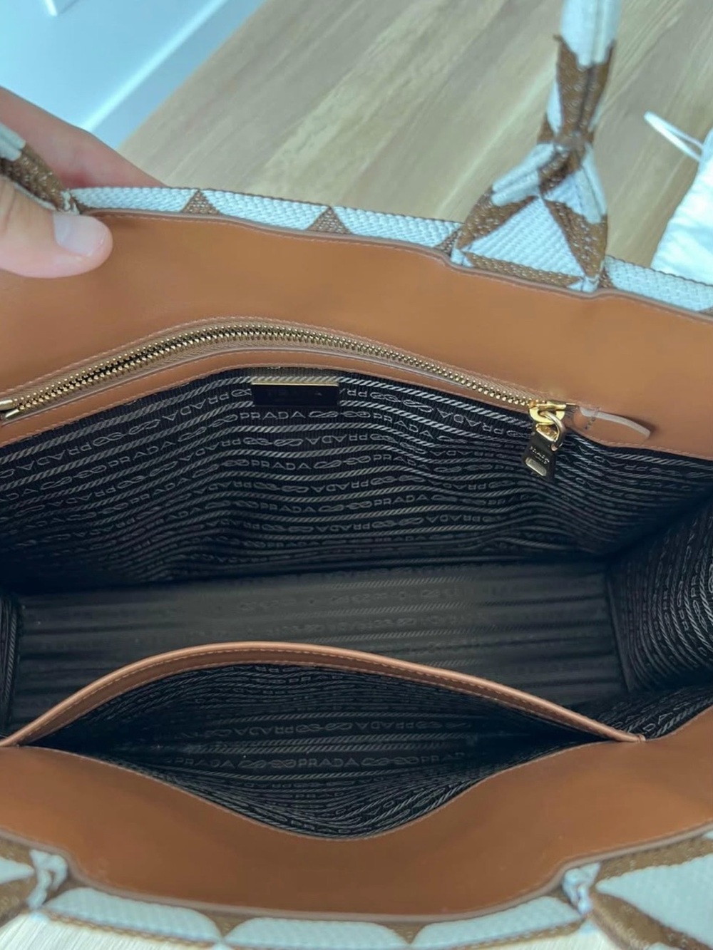 Prada Symbole Large Brown & White Geometric Tote Bag - Picture 7 of 7